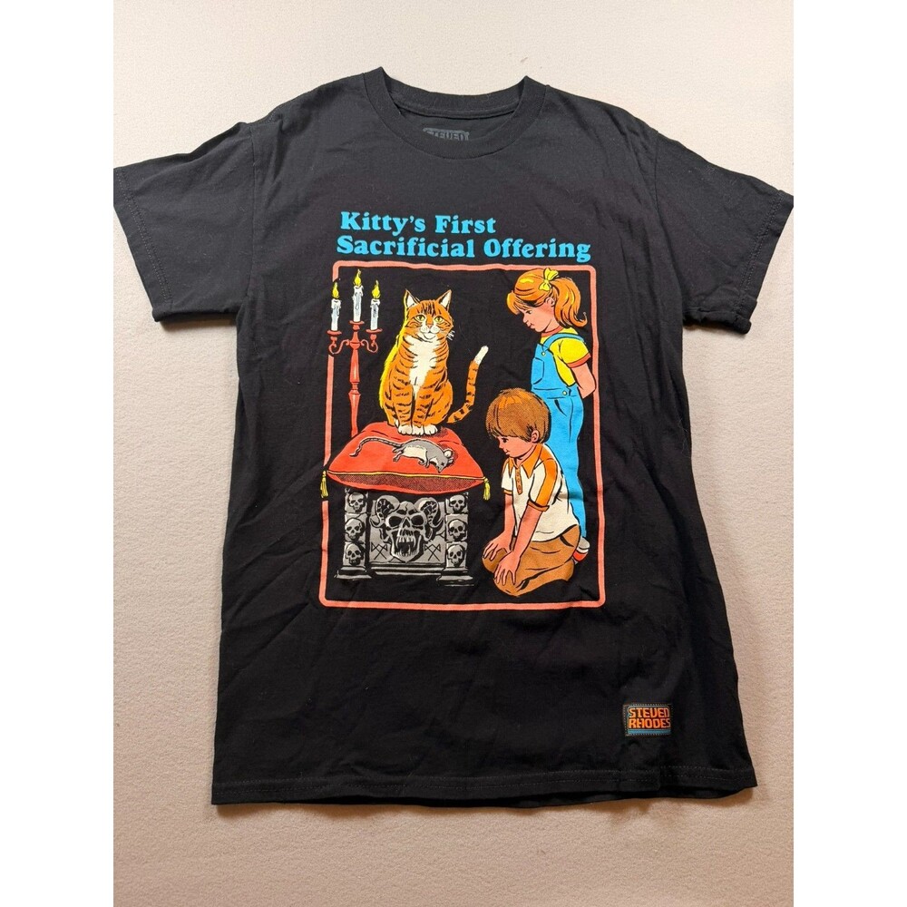 Steven Rhodes Kittys First Sacrificial Offering Black Graphic T-Shirt Small 90's